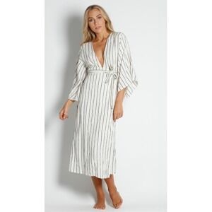 Billabong Womens Striped Deep V-Neck Maxi Dress White Navy XS Open Back Slit